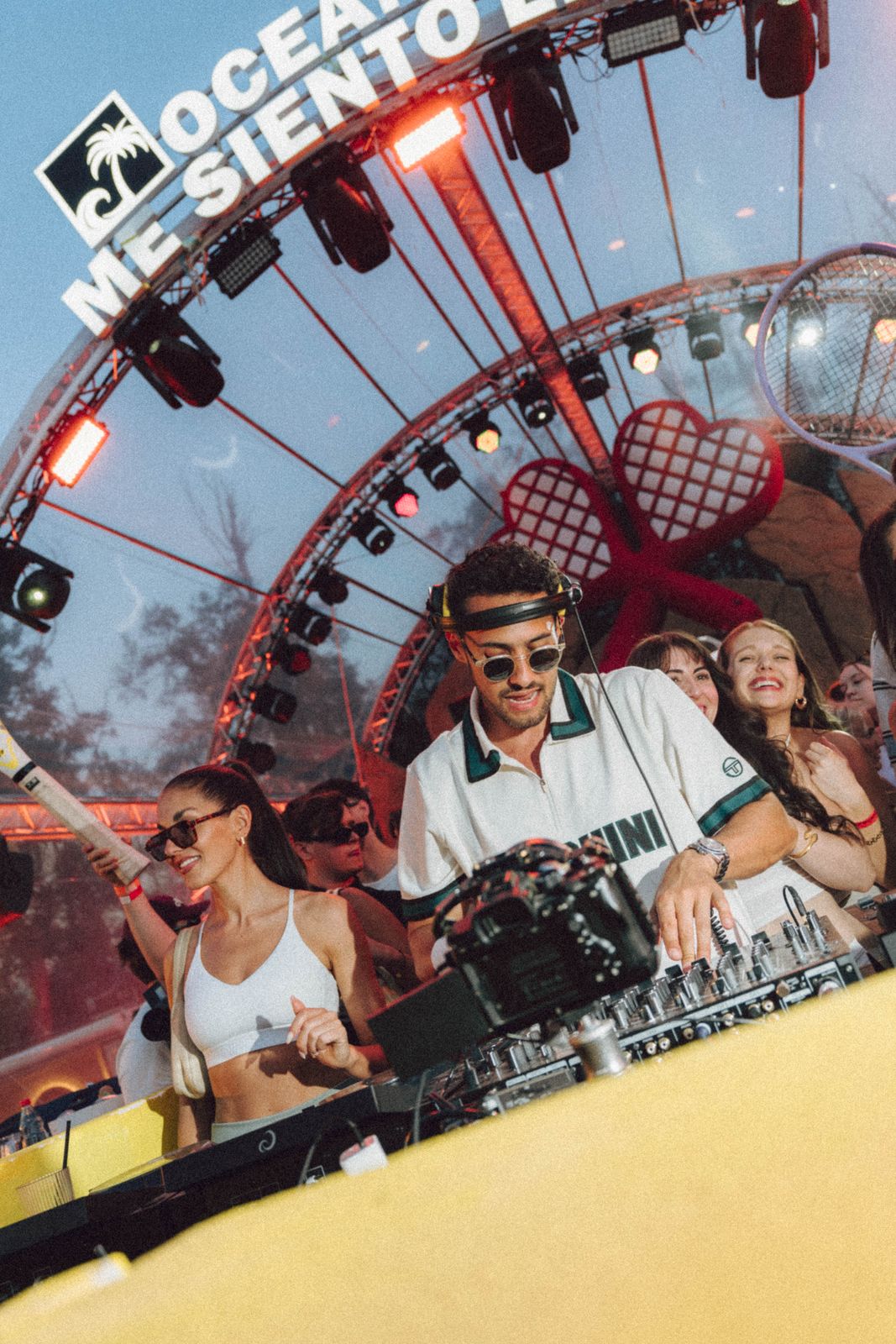 DJ booth with heart-shaped racquet inflatables in Frankfurt