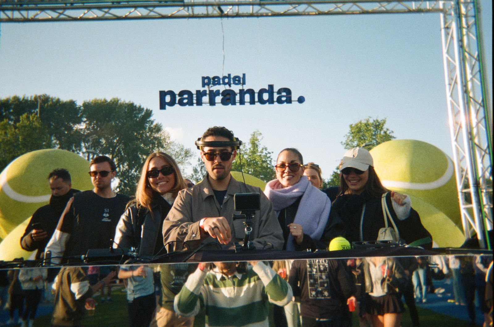 Group in front of the Padel Parranda stage, shot on film